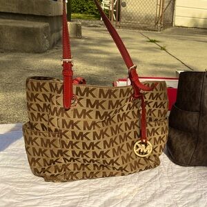 Michael Kors brown shoulder bag with red straps
